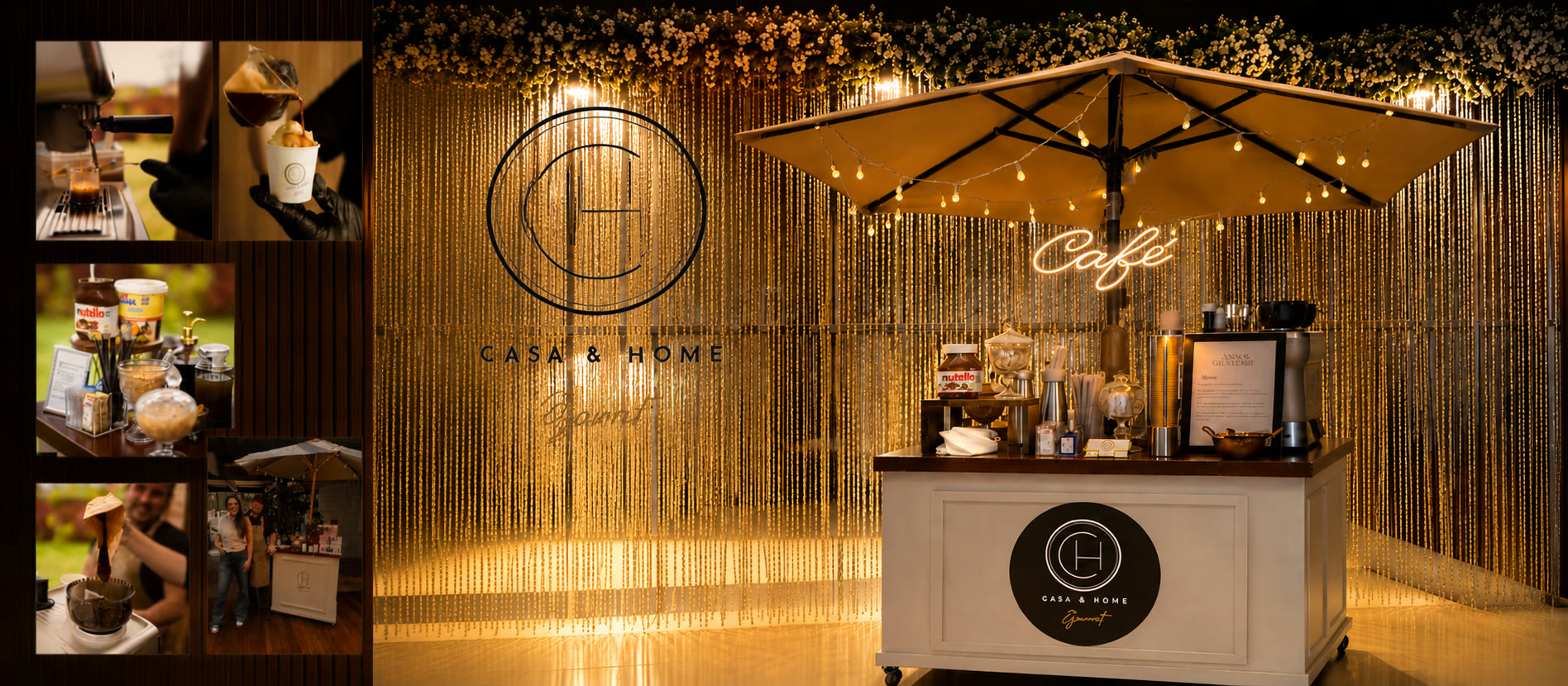 Carrinho de café gourmet Casa & Home montado para evento